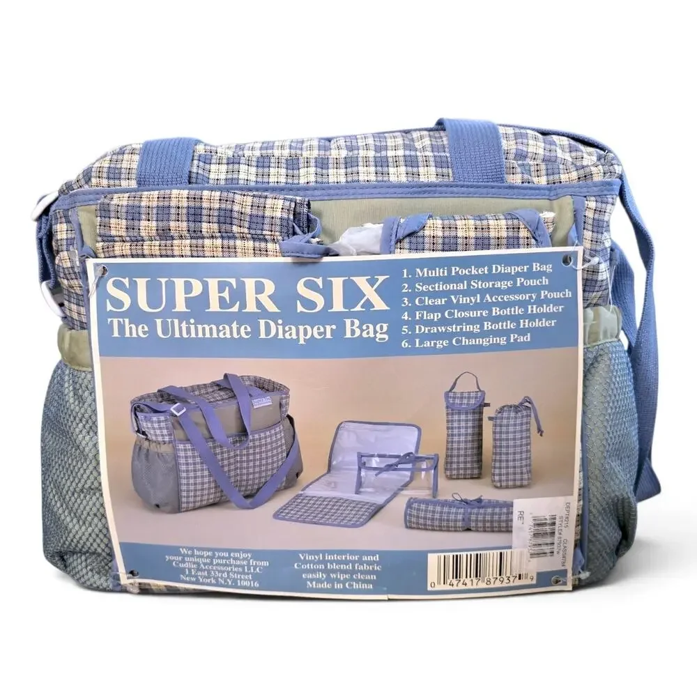 VTG Super Six Ultimate Diaper Bag Cudlie Accessories 2000 Plaid Blue Beige Y2K